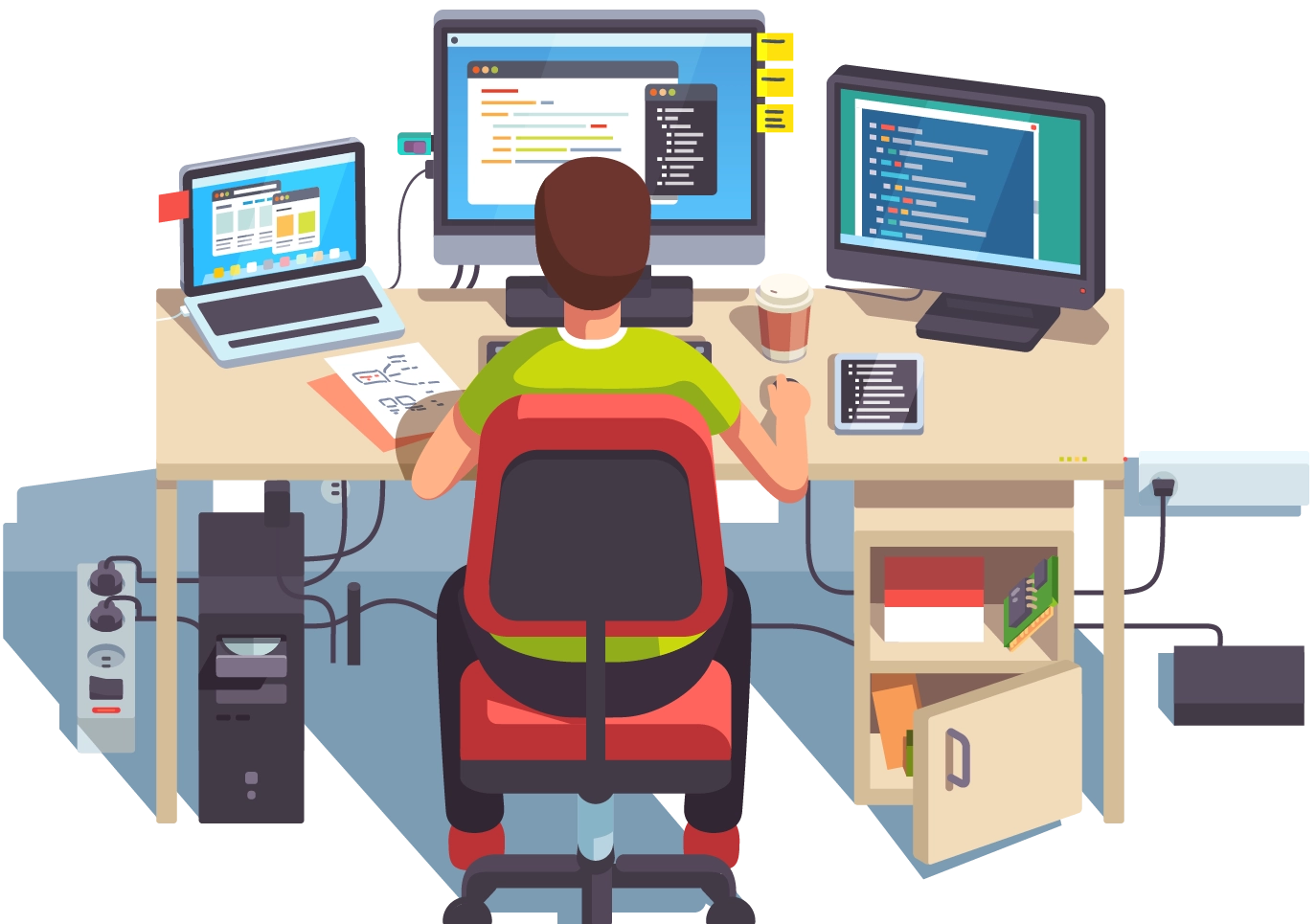 Ilustración de un desarrollador de software trabajando en su escritorio con múltiples pantallas y dispositivos.